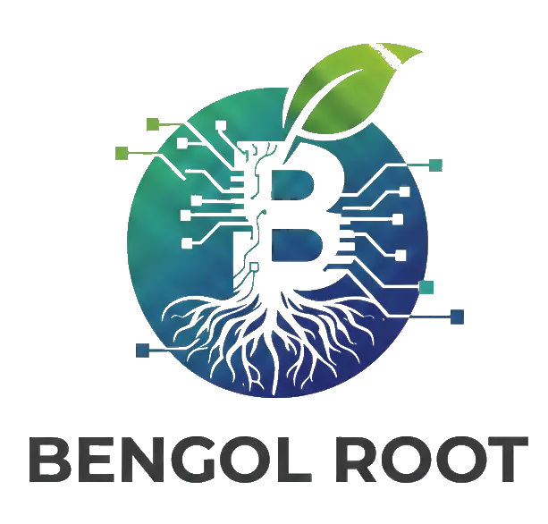 Bengol Root logo: green leaf surrounded by blue lines on black background with company name in white text.